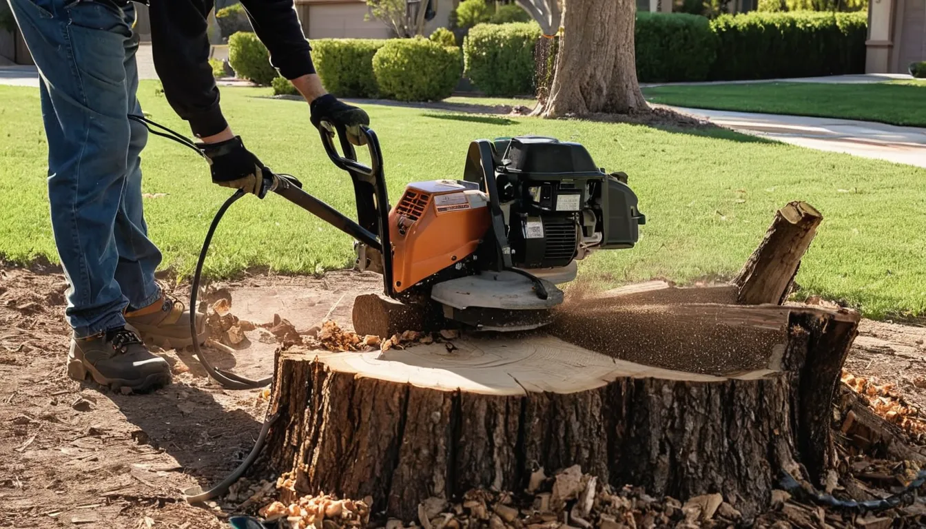 Provider grinding an old tree stump in a backyard lawn of a stucco ranch home in the San Fernando area
